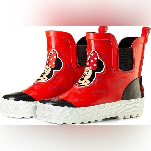 Disney Girl Minnie Mouse Mid Height Easy Slip-on Waterproof Rubber Boots - Sz 4 - Picture 1 of 9